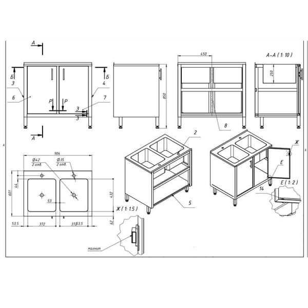 Мойка с тумбой 2-х секционная из нержавеющей стали 900x874x600 мм, 25898 фото  в интернет-магазине Санкомп