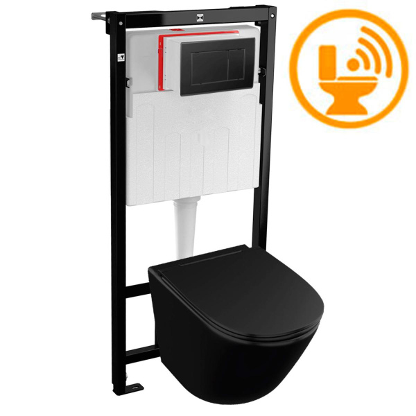 Унитаз подвесной БЕЗОБОДКОВЫЙ с сиденьем ЧЕРНЫЙ, МИКРОЛИФТ с инсталляцией СЕНСОР ЧЕРНЫЙ, 23314 фото  в интернет-магазине Санкомп