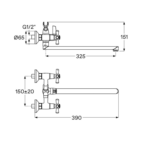 Смеситель для ванны настенный Двухвентельный керамика, излив длинный, лейка 1 режим, 22741  фото  в интернет-магазине Санкомп