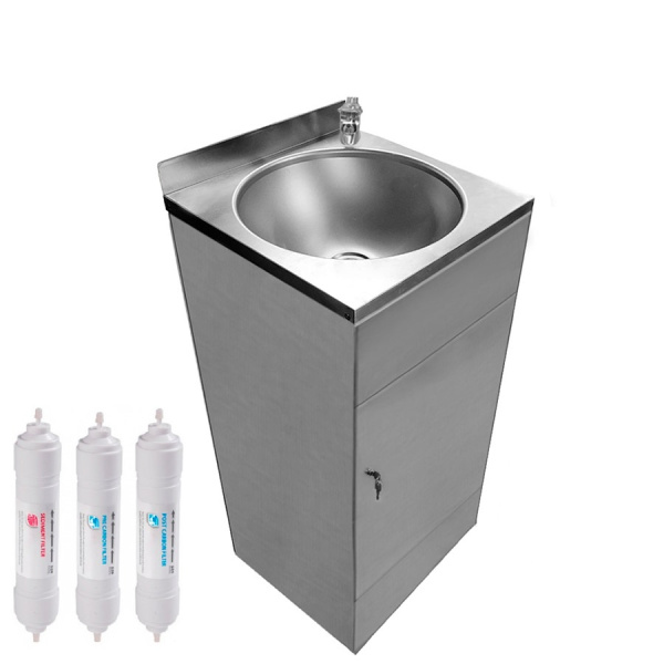 Фонтанчик питьевой кнопочный напольный 1 чаша Х/В, С/Ф, Б/УФ, Б/Г, Б/ТО, AISI 304, 400х400х870 27039 фото  в интернет-магазине Санкомп