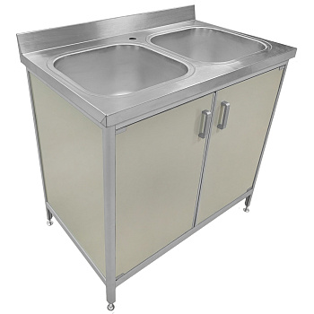 Хирургическая мойка 2х секционная из нержавеющей стали, стенки ПП, 900х600х850 мм, двери распашные фото  в интернет-магазине Санкомп