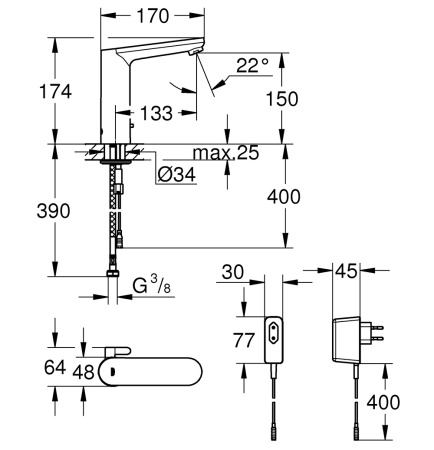 Смеситель сенсорный для раковины ВЫСОКИЙ, смешивание на корпусе, питание от сети 220В фото  в интернет-магазине Санкомп