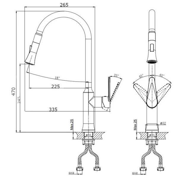 Смеситель для кухни ВЫСОКИЙ с выдвижным изливом, длина излива 225 мм высота 245 мм, 26524 фото  в интернет-магазине Санкомп