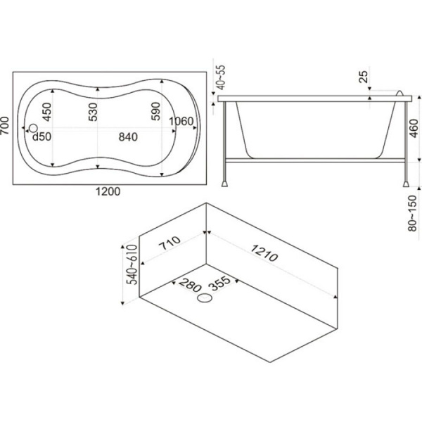 Ванна акриловая в комплектации стандарт 1200х700х430 мм, 21821 фото  в интернет-магазине Санкомп