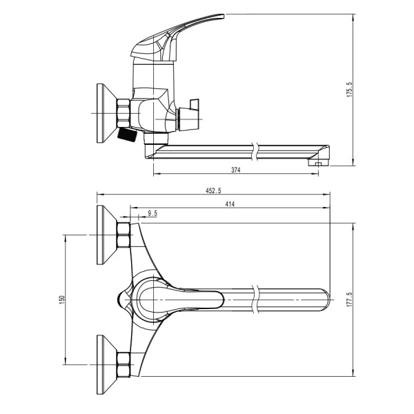 Смеситель для ванны настенный ОДНОРЫЧАЖНЫЙ, излив поворотный 414 мм, лейка 1 режим, 26287 фото  в интернет-магазине Санкомп