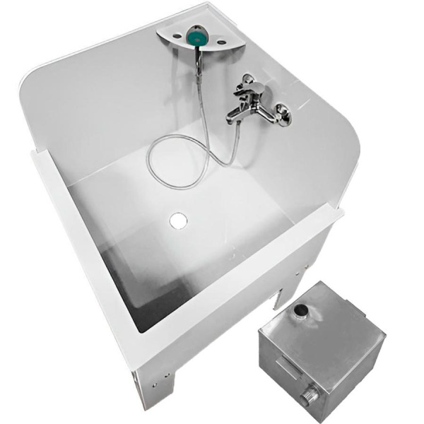 Слив технический 650х650х690 мм, УГЛОВОЙ с экраном СО СМЕСИТЕЛЕМ С ПЕСКОУЛОВИТЕЛЕМ 17 л, 21125  фото  в интернет-магазине Санкомп