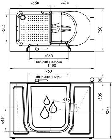 Ванна для инвалидов и пожилых с дверцей с сиденьем 1480х750х980 мм В ПОЛНОЙ КОМПЛЕКТАЦИИ, 21701 фото  в интернет-магазине Санкомп