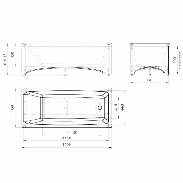 Ванна акриловая прямоугольная в полной комплектации 1700х750х610 мм, 25466 фото  в интернет-магазине Санкомп