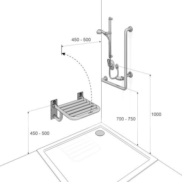 Сидение настенное складное из нержавеющей стали 500х500 19721 фото  в интернет-магазине Санкомп