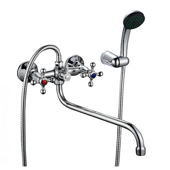 Смеситель для ванны настенный ДВУХВЕНТИЛЬНЫЙ резина, излив длинный без аэратора, лейка 1 режим фото  в интернет-магазине Санкомп