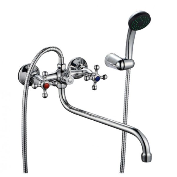 Смеситель для ванны настенный ДВУХВЕНТИЛЬНЫЙ резина, излив длинный без аэратора, лейка 1 режим фото  в интернет-магазине Санкомп