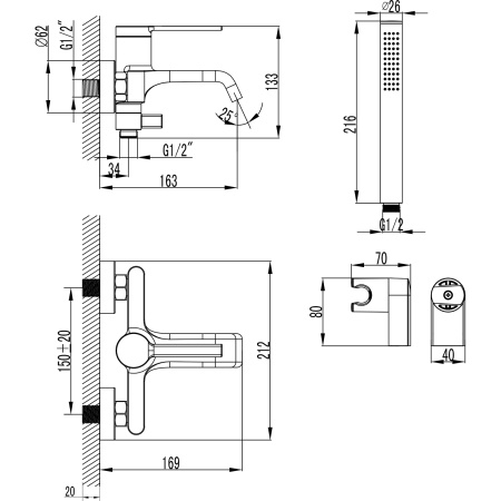 Смеситель для ванны настенный, излив короткий с ручным душем, черный матовый, 22320 фото  в интернет-магазине Санкомп