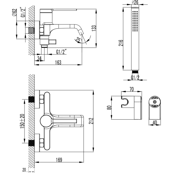 Смеситель для ванны настенный, излив короткий с ручным душем, черный матовый, 22320 фото  в интернет-магазине Санкомп