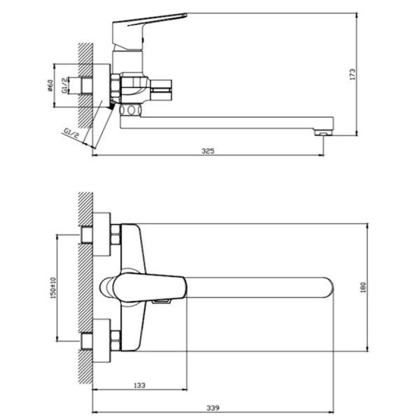 Смеситель для ванны настенный ОДНОРЫЧАЖНЫЙ, излив поворотный 272 мм, лейка 1 режим, 26201 фото  в интернет-магазине Санкомп
