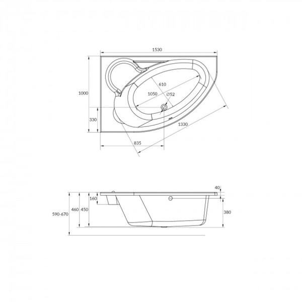 Ванна акриловая асимметричная правая 1530х1000 мм, 21747 фото  в интернет-магазине Санкомп