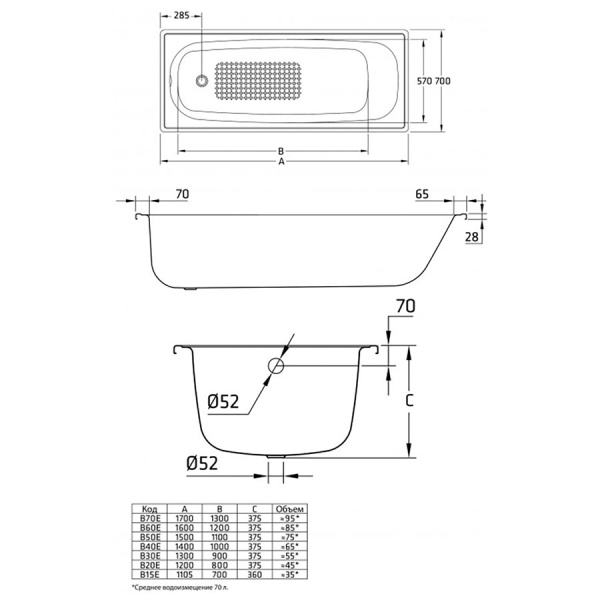 Ванна стальная без ножек 1700х700 мм, 16400 фото  в интернет-магазине Санкомп