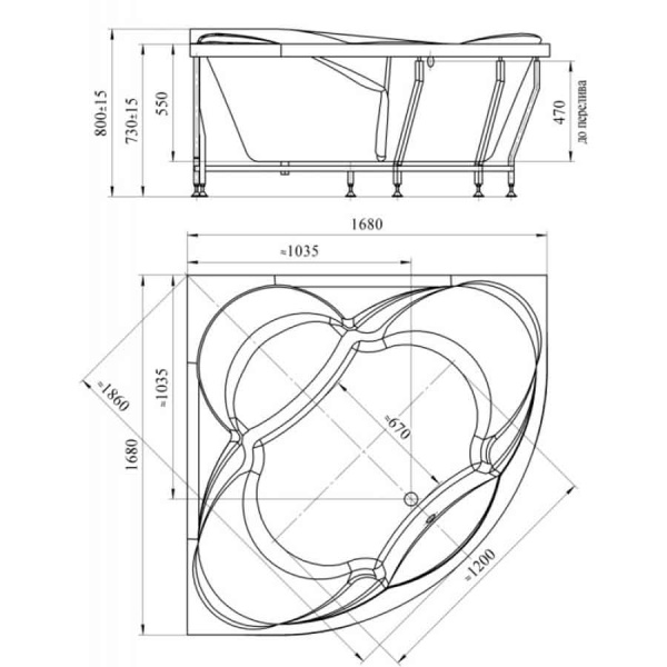 Ванна акриловая угловая гидромассажная с каркасом 1680х1680 мм, 21930  фото  в интернет-магазине Санкомп