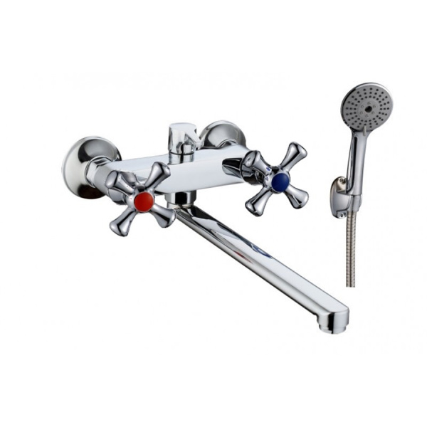 Смеситель для ванны настенный ДВУХВЕНТИЛЬНЫЙ керамика, излив длинный плоский 30 см, лейка 1 режим фото  в интернет-магазине Санкомп