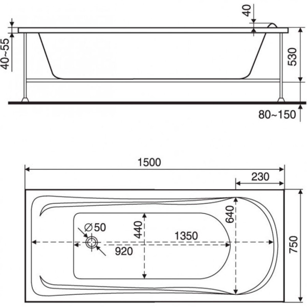 Ванна акриловая прямоугольная в комплектации 1500х750х530 мм, 21832 фото  в интернет-магазине Санкомп