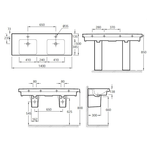 Раковина коллективная на 2 чаши (500х1400х150) фото  в интернет-магазине Санкомп
