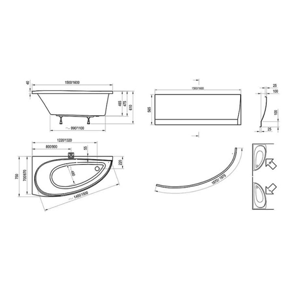 Ванна акриловая ассиметричная 1500х750 мм, 21959 фото  в интернет-магазине Санкомп