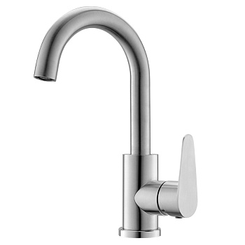 Смеситель нержавеющая сталь для раковины высокий С-образный излив 130х180 мм фото  в интернет-магазине Санкомп