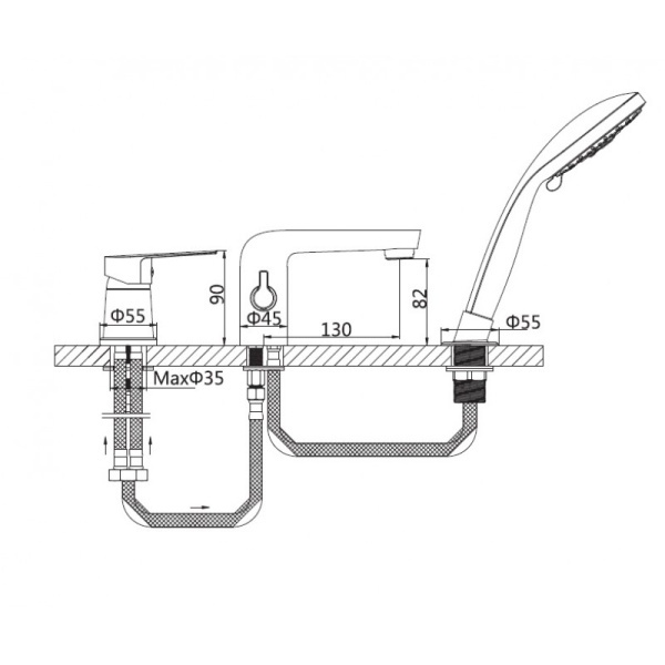 Смеситель на борт ванны ОДНОРЫЧАЖНЫЙ излив литой, лейка 2 режима, 15082 фото  в интернет-магазине Санкомп