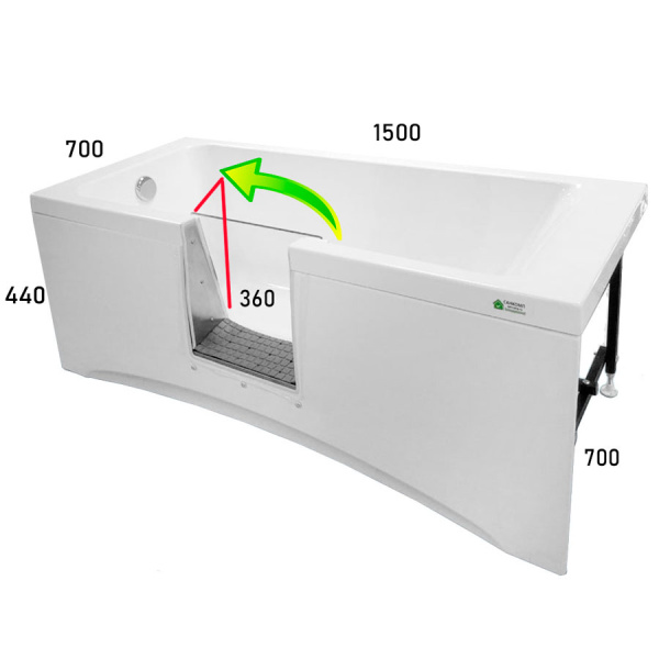 Ванна с дверью 1500х700х630 мм СЛИВ СЛЕВА ДВЕРЬ СЛЕВА 440 мм от края, ОТКРЫТИЕ НАЛЕВО, 26225 фото  в интернет-магазине Санкомп