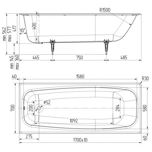 Ванна чугунная без ножек 1700х700 мм, 21698 фото  в интернет-магазине Санкомп