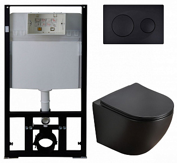 Унитаз подвесной с быстросъемным сиденьем микролифт, ЧЕРНЫЙ МАТОВЫЙ, инсталляция с кнопкой 22475   фото  в интернет-магазине Санкомп