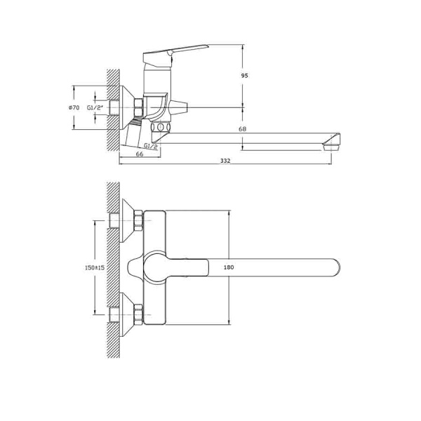 Смеситель для ванны настенный ОДНОРЫЧАЖНЫЙ, излив поворотный 265 мм, лейка 1 режим, 26120 фото  в интернет-магазине Санкомп