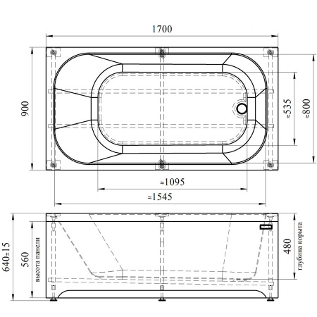Ванна акриловая гидромассажная 1700х900 мм, 21865 фото  в интернет-магазине Санкомп