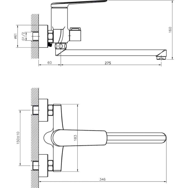 Смеситель для ванны настенный ОДНОРЫЧАЖНЫЙ, излив поворотный 275 мм, лейка 1 режим, 26149 фото  в интернет-магазине Санкомп