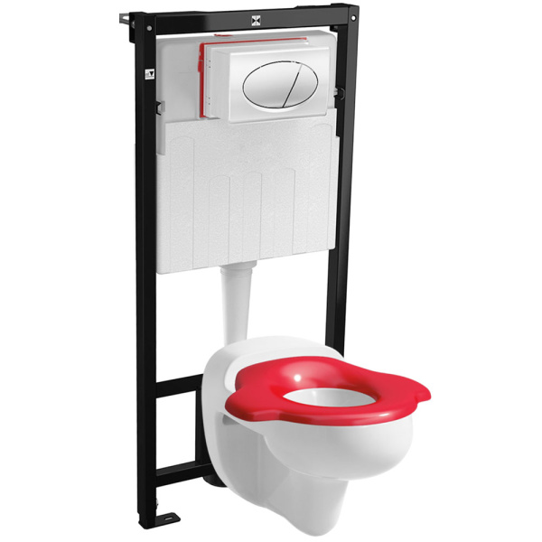 Унитаз ДЕТСКИЙ подвесной сиденье без крышки КРАСНОЕ с инсталляцией с кнопкой, 15433  фото  в интернет-магазине Санкомп