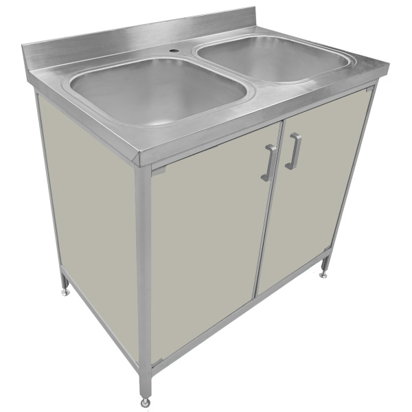 Стол-тумба с двойной мойкой из нержавеющей стали с фасадом из химически стойкого пластика 900х600х92 фото  в интернет-магазине Санкомп