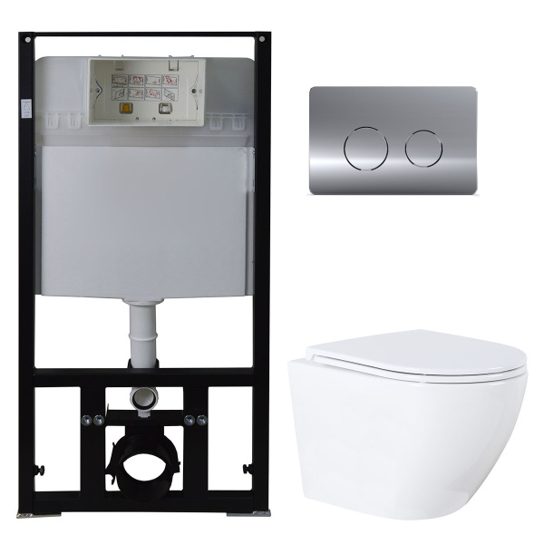 Унитаз подвесной БЕЗОБОДКОВЫЙ с быстросъемным сиденьем микролифт с инсталляцией с кнопкой 22424  фото  в интернет-магазине Санкомп