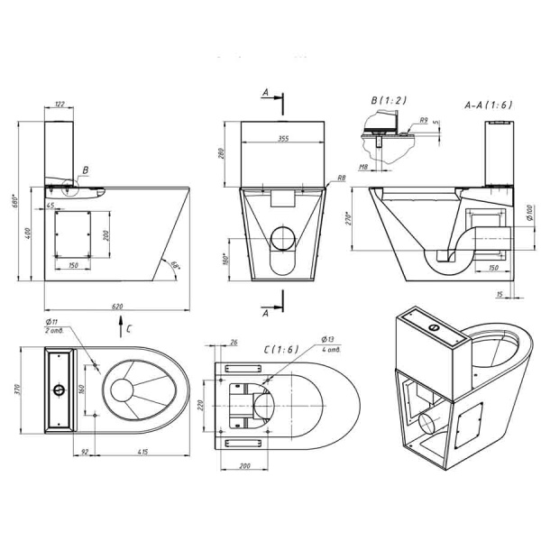 Унитаз-компакт НЕРЖАВЕЙКА,620х370х680 мм, горизонтальный 100, сидение дюропласт, подача снизу, 25893 фото  в интернет-магазине Санкомп