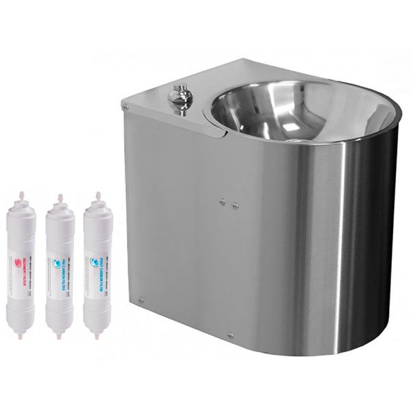 Фонтанчик питьевой кнопочный подвесной 1 чаша Х/В, С/Ф, Б/УФ, Б/Г, Б/ТО, AISI 304, 250х317х280 26570 фото  в интернет-магазине Санкомп