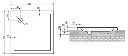 Поддон акриловый квадратный 800х800х65(40) мм, Ø 90 мм низкий 077 фото  в интернет-магазине Санкомп