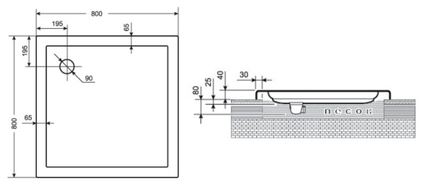Поддон акриловый квадратный 800х800х65(40) мм, Ø 90 мм низкий 077 фото  в интернет-магазине Санкомп