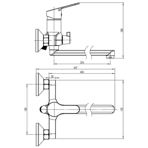 Смеситель для ванны настенный ОДНОРЫЧАЖНЫЙ, излив поворотный 447 мм, лейка 5 режимов, 26295 фото  в интернет-магазине Санкомп