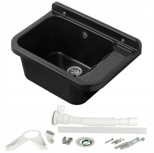 Раковина настенная пластиковая 340х500х210 мм Черная с сифоном фото  в интернет-магазине Санкомп