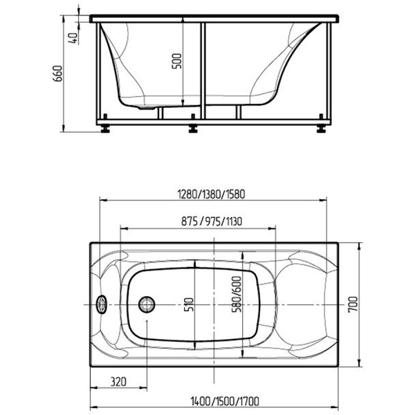 Ванна акриловая  прямоугольная в комплектации 1400х700х660 мм, 21831 фото  в интернет-магазине Санкомп