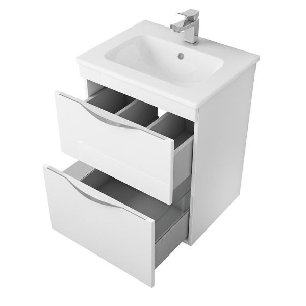 Тумба  60 см белый лак подвесная в комплекте с раковиной 60 см фото  в интернет-магазине Санкомп