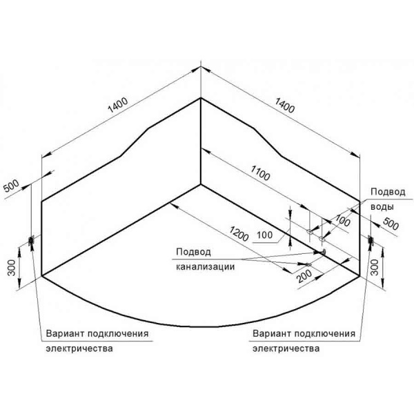 Ванна акриловая угловая гидромассажная с каркасом 1400х1400 мм, 21919  фото  в интернет-магазине Санкомп