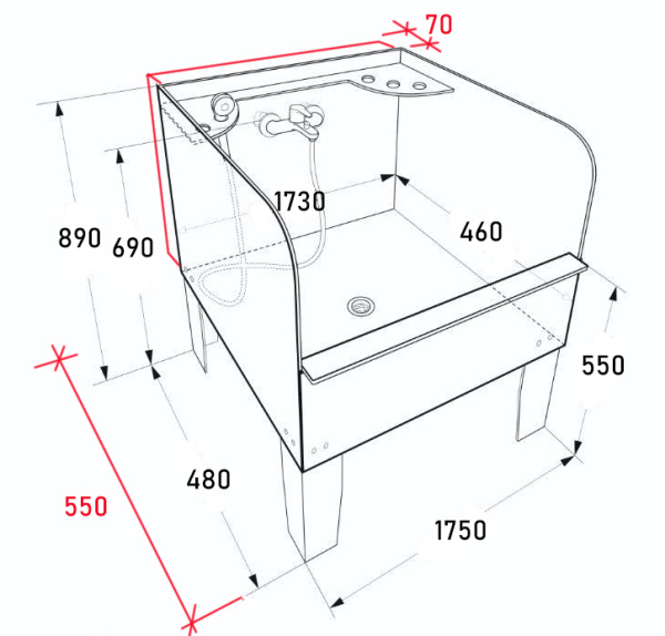 Поддон для уборочного инвентаря 1750х550х890 С ЭКРАНОМ СО СМЕСИТЕЛЕМ с полочкой 70 мм, 24821 фото  в интернет-магазине Санкомп
