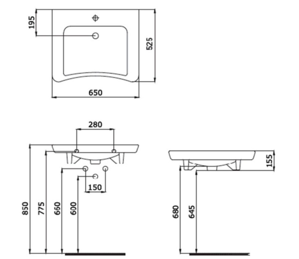 Умывальник медицинский керамика с отверстием под смеситель с переливом 650х525х155, 20412 фото  в интернет-магазине Санкомп