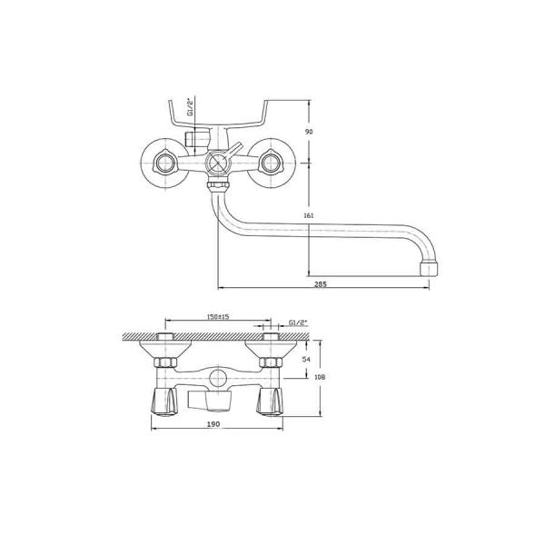 Смеситель для ванны настенный ДВУХВЕНТИЛЬНЫЙ, излив длинный 285 мм, лейка 1 режим, 26088 фото  в интернет-магазине Санкомп