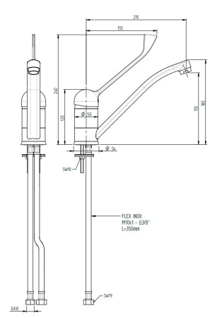 Смеситель ЛОКТЕВОЙ (ХИРУРГИЧЕСКИЙ) для кухни и раковины, (К40), с поворотным изливом 22 см, ШПИЛЬКИ фото  в интернет-магазине Санкомп