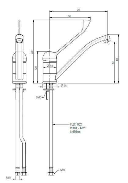 Смеситель ЛОКТЕВОЙ (ХИРУРГИЧЕСКИЙ) для кухни и раковины, (К40), с поворотным изливом 22 см, ШПИЛЬКИ фото  в интернет-магазине Санкомп